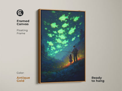 Antique gold framed canvas featuring a father daughter fishing scene. The teal blue surrealism print adds a touch of elegance. This glowing fish canvas art is ready to hang.