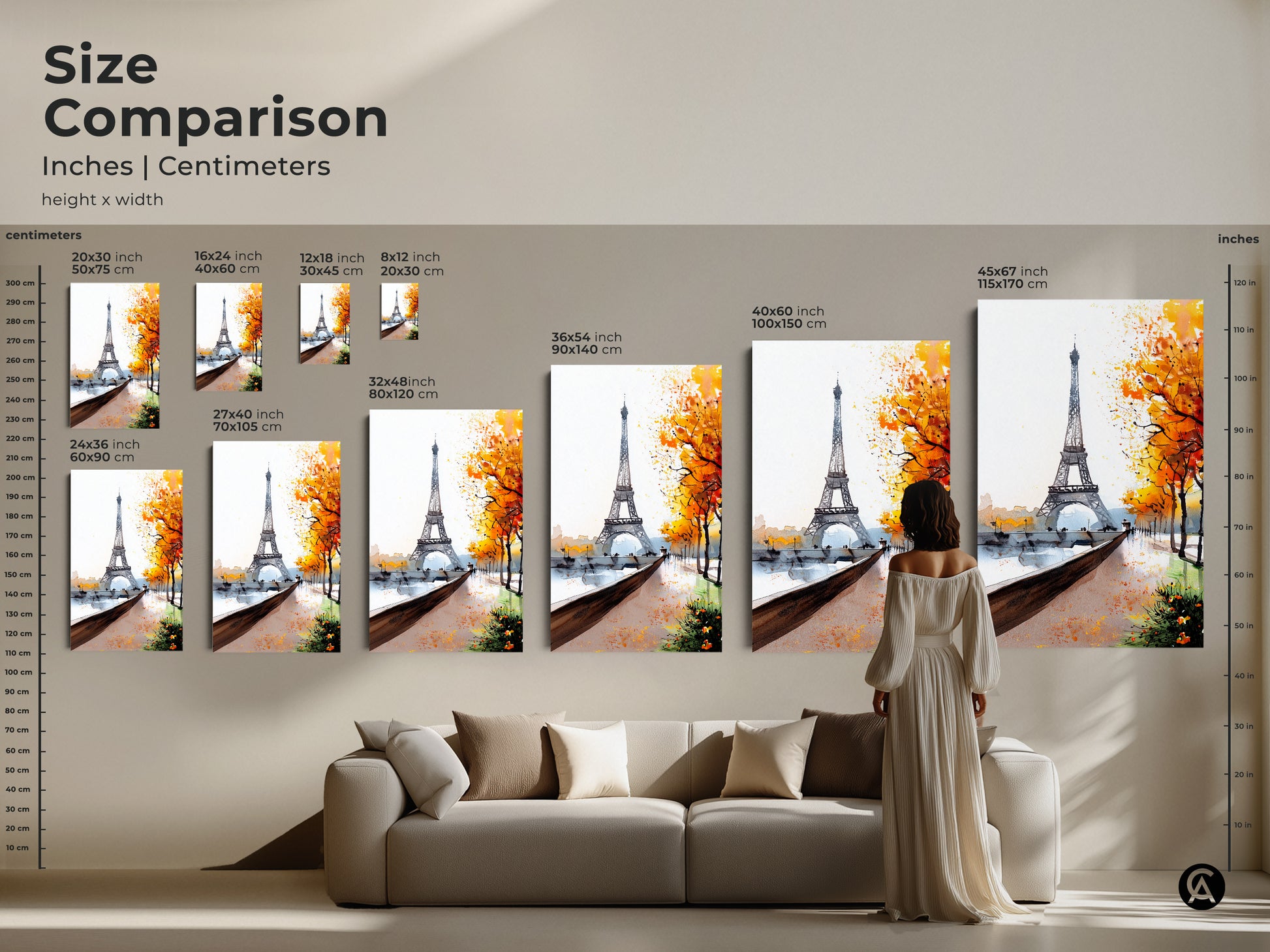 Size Comparison of the Eiffel Tower Parisian Autumn Watercolor Print in inches and centimeters. See the artwork in various sizes. It's the perfect art for above the sofa in your living room. A great home decor idea.