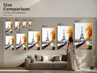 Size Comparison of the Eiffel Tower Parisian Autumn Watercolor Print in inches and centimeters. See the artwork in various sizes. It's the perfect art for above the sofa in your living room. A great home decor idea.