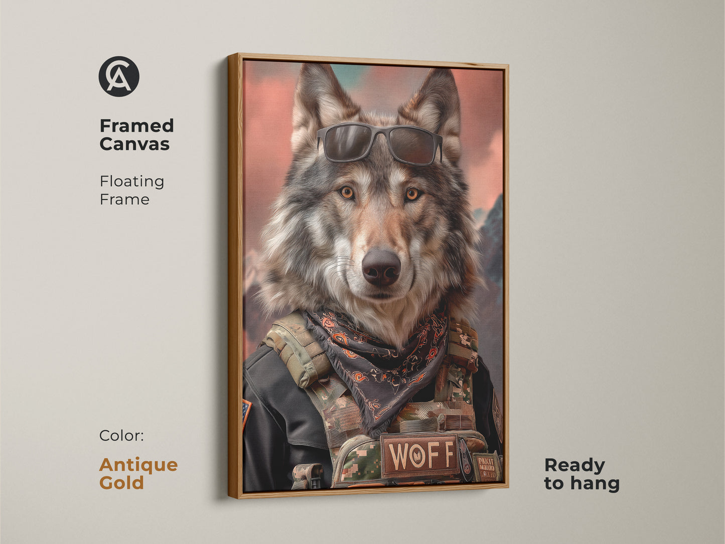 Antique Gold Framed Canvas of a Military Wolf Art. This ready-to-hang photorealistic wolf in sunglasses artwork makes a statement. Add this wildlife animal print to your office or man cave. A perfect blend of rugged and eclectic style. A unique gift for wolf lovers. This animal portrait brings fierce personality
