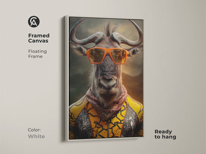 Framed canvas of a wildebeest art print with a white floating frame. This surreal animal canvas features a wildebeest with orange sunglasses. Ready to hang eclectic bedroom decor. Gift for adventurer. Stylish animal art.