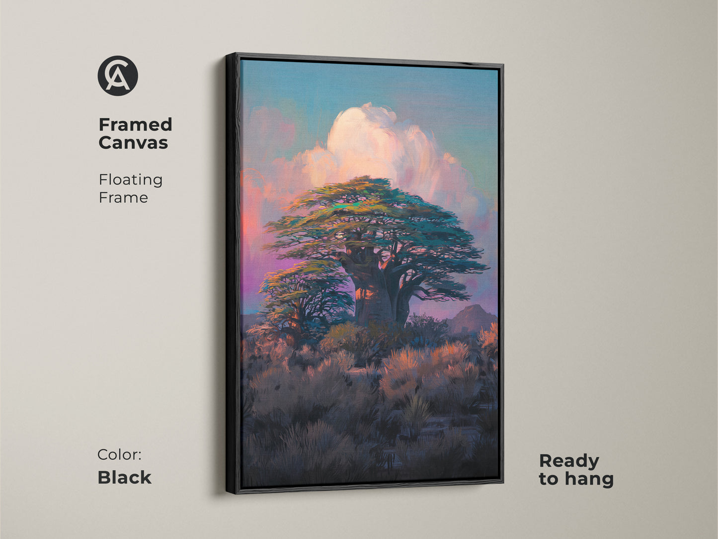 Black framed canvas with a floating frame displays a Baobab tree artwork. Teal blue pink sky artwork brings an impressionism style art print. Ready to hang nature landscape canvas art decor.