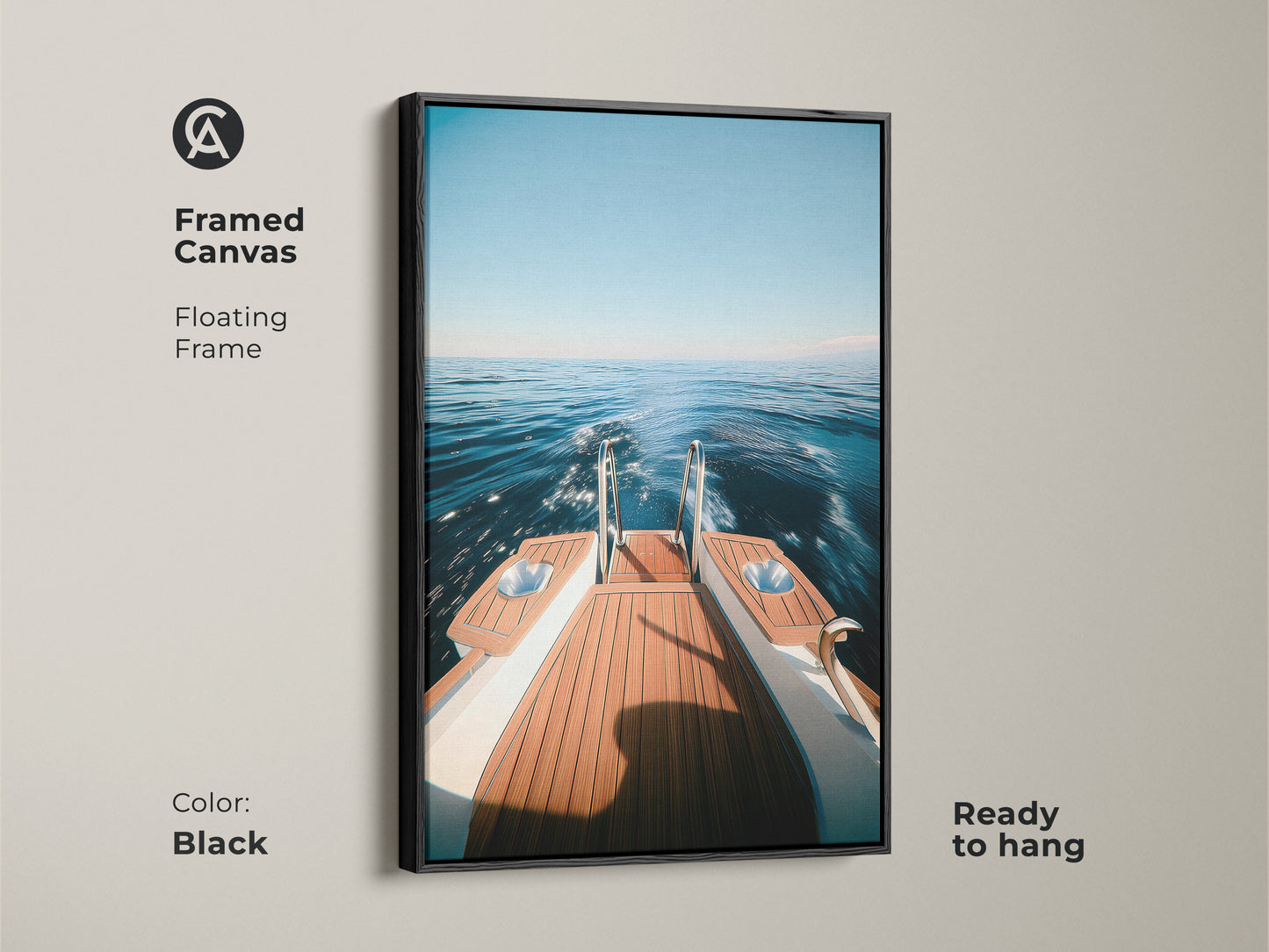 Transform your space with this elegant framed yacht canvas art print. The floating frame enhances the deep blue seascape. This coastal home decor is ready to hang. Nautical boat art adds a touch of seaside travel to your home. A perfect housewarming gift idea for boat owners. The black frame creates a modern nautical decor.