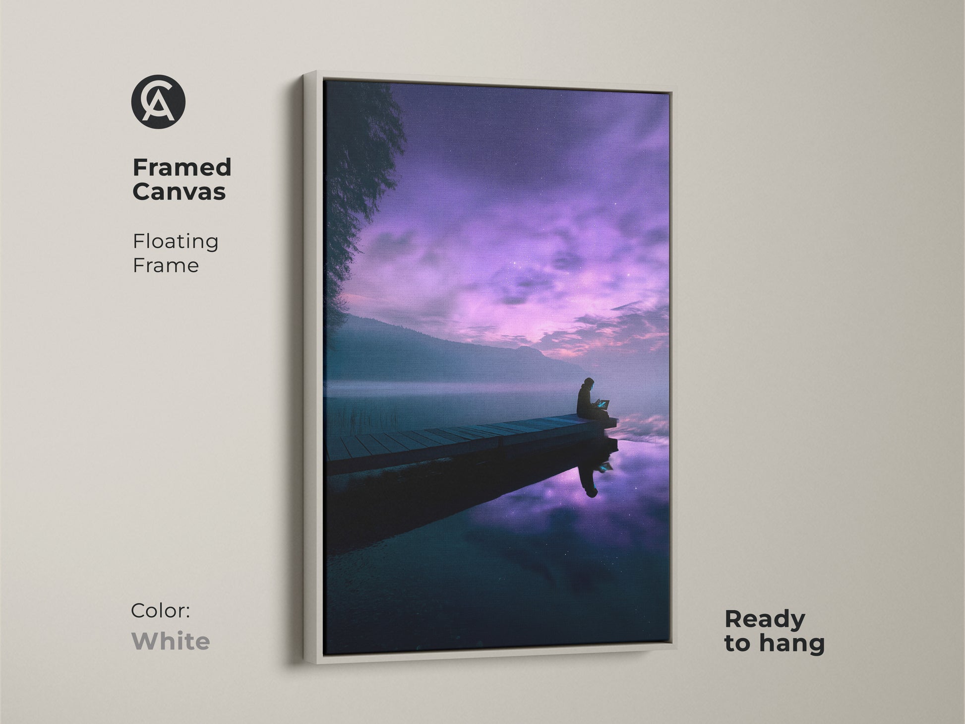 Framed canvas artwork featuring a serene lake scene and violet night sky. It shows a person on a dock under a cosmic sky. This minimalist poster is ready to hang. A unique housewarming gift with deep blue tones.