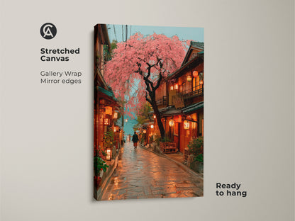 Gallery wrapped stretched canvas art print featuring a pink cherry blossom tree over a Japanese street. Mirror edges add a polished look to this travel inspired wall art. Ready to hang this piece brings an eclectic vibe to your home entrance. It blends nature with traditional Japanese architecture creating a housewarming gift idea.