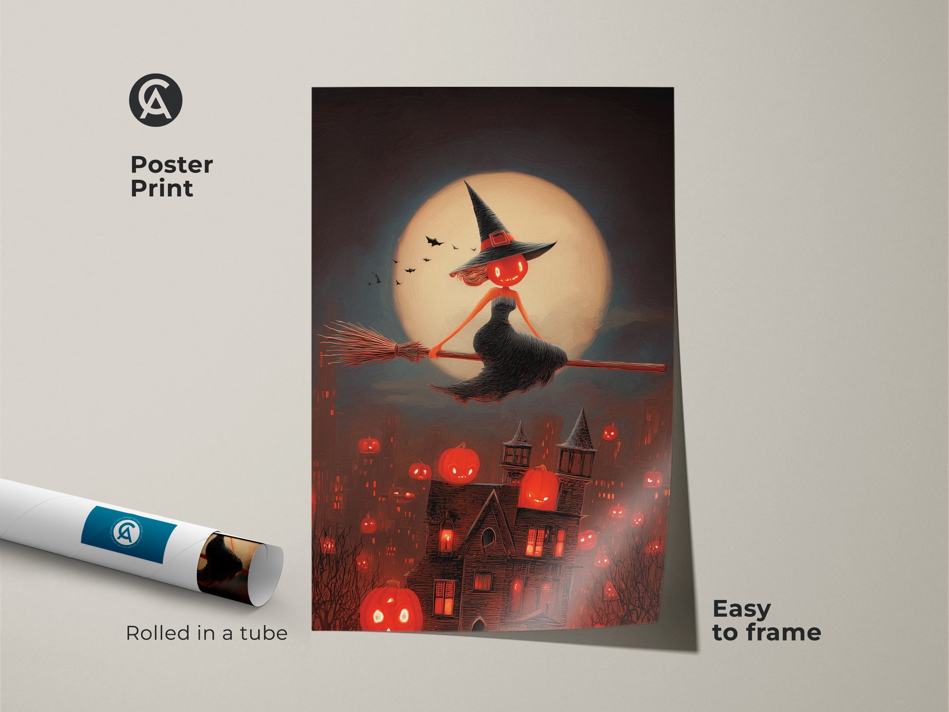 Poster print featuring Halloween witch art. Spooky gothic wall art shows a dark fantasy scene. Jack-o-lantern town print adds seasonal Halloween flair. Easy to frame witch on broomstick art. Rolled in a tube for protection.