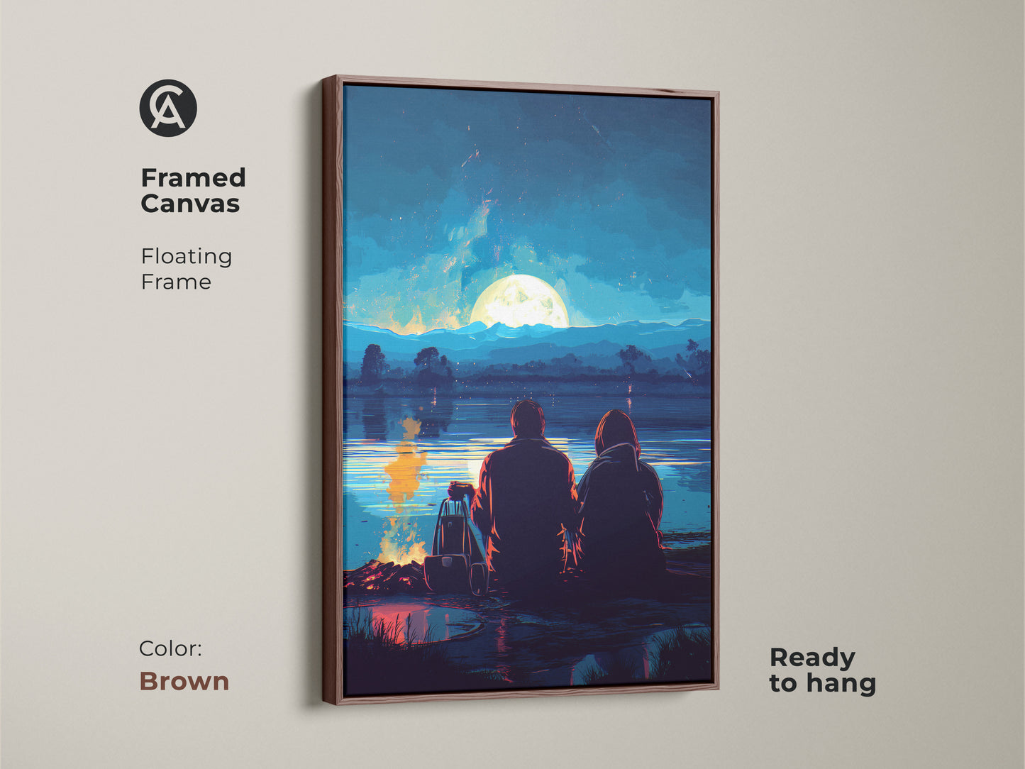 Framed canvas with a brown floating frame. Artwork shows a couple enjoying a campfire under a full moon. This teal blue landscape painting is a romantic getaway art. The canvas is ready to hang.
