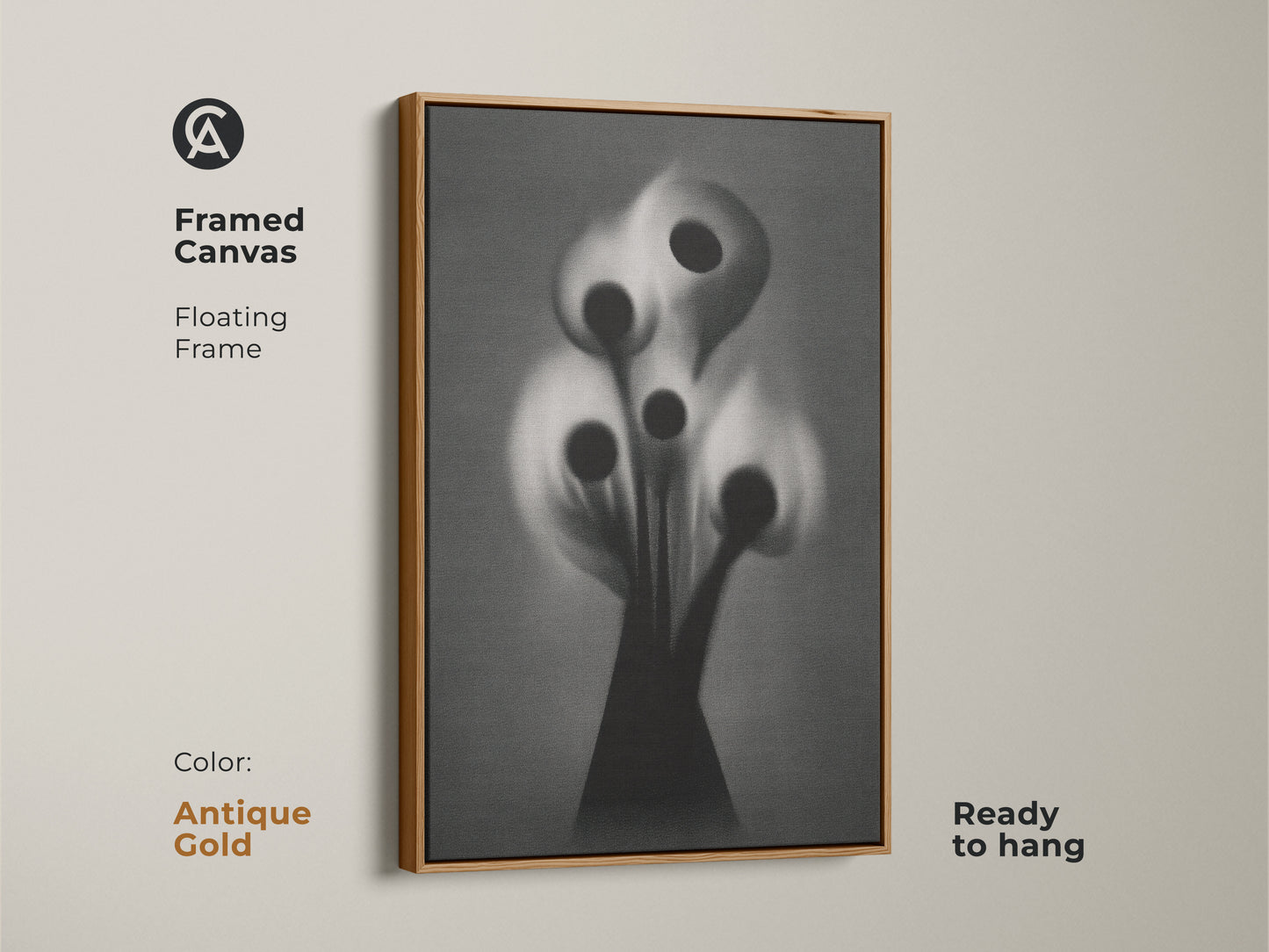 This framed canvas displays gothic flower artwork in black and white. It is a surreal botanical print with a white floating frame ready to hang. The dark academia style offers an alternative wall art. Bring a sophisticated artistic touch to your office.