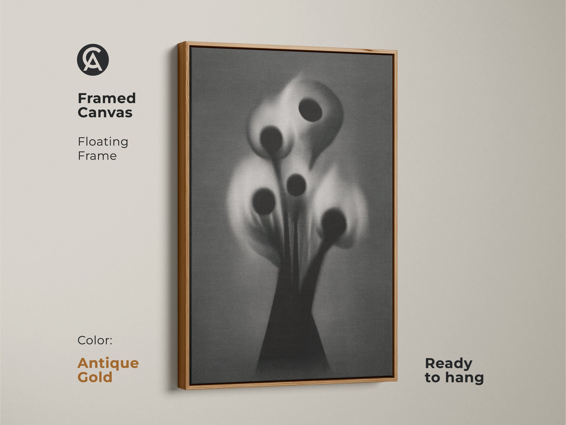 This framed canvas displays gothic flower artwork in black and white. It is a surreal botanical print with a white floating frame ready to hang. The dark academia style offers an alternative wall art. Bring a sophisticated artistic touch to your office.