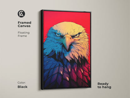 A framed canvas shows a Bald Eagle Print with a Black floating frame. The wildlife artwork is ready to hang. The intense close-up portrait is set against a vibrant red background. The bold illustration style is patriotic. It shows yellow blue and red hues. Perfect for office decor and representing American pride. It is an ideal piece of animal art in contemporary graphic styles.