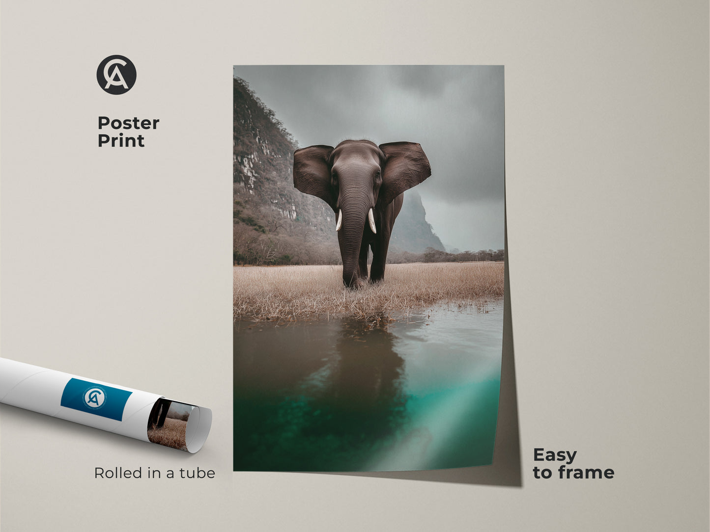 Poster print of a photorealistic elephant in a savanna scene. It is rolled in a tube for easy framing. This wildlife landscape print is perfect for eclectic home decor. The animal artwork captures a dramatic landscape. It is a thoughtful gift for animal lovers. The teal water adds a pop of color.