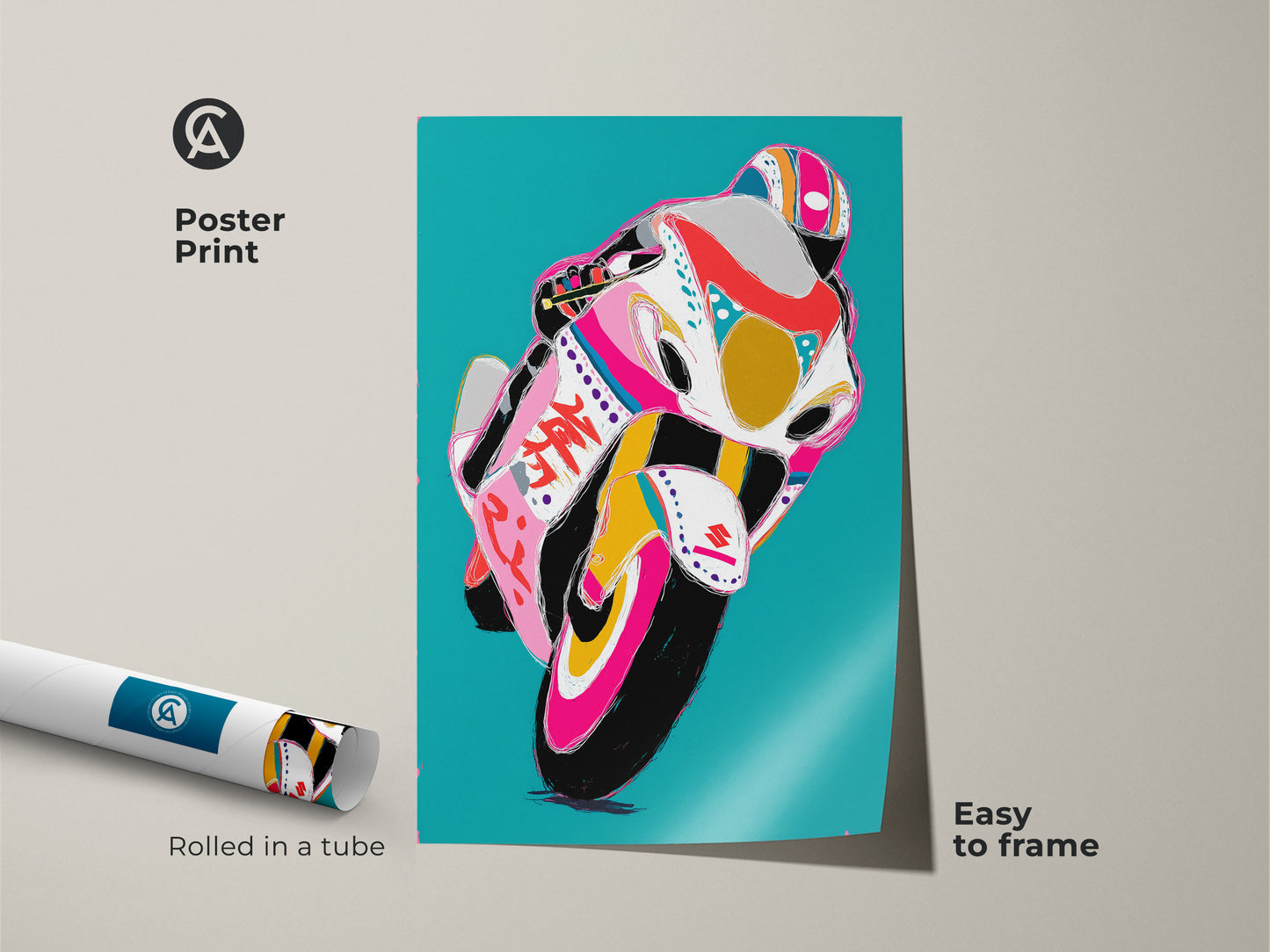 Graffiti racer art poster print rolled and ready to frame. Easy to display teal abstract wall art for any space. A unique gift for thrill-seekers and F1 fans. Shop this pop art motorcycle print to add an energetic touch to your home or office decor.