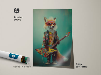 Poster print of a fox shredding a psychedelic guitar. The orange and yellow hues pop against a teal backdrop. It adds eclectic flair to any music lover's space. Rolled in a tube and easy to frame for display.