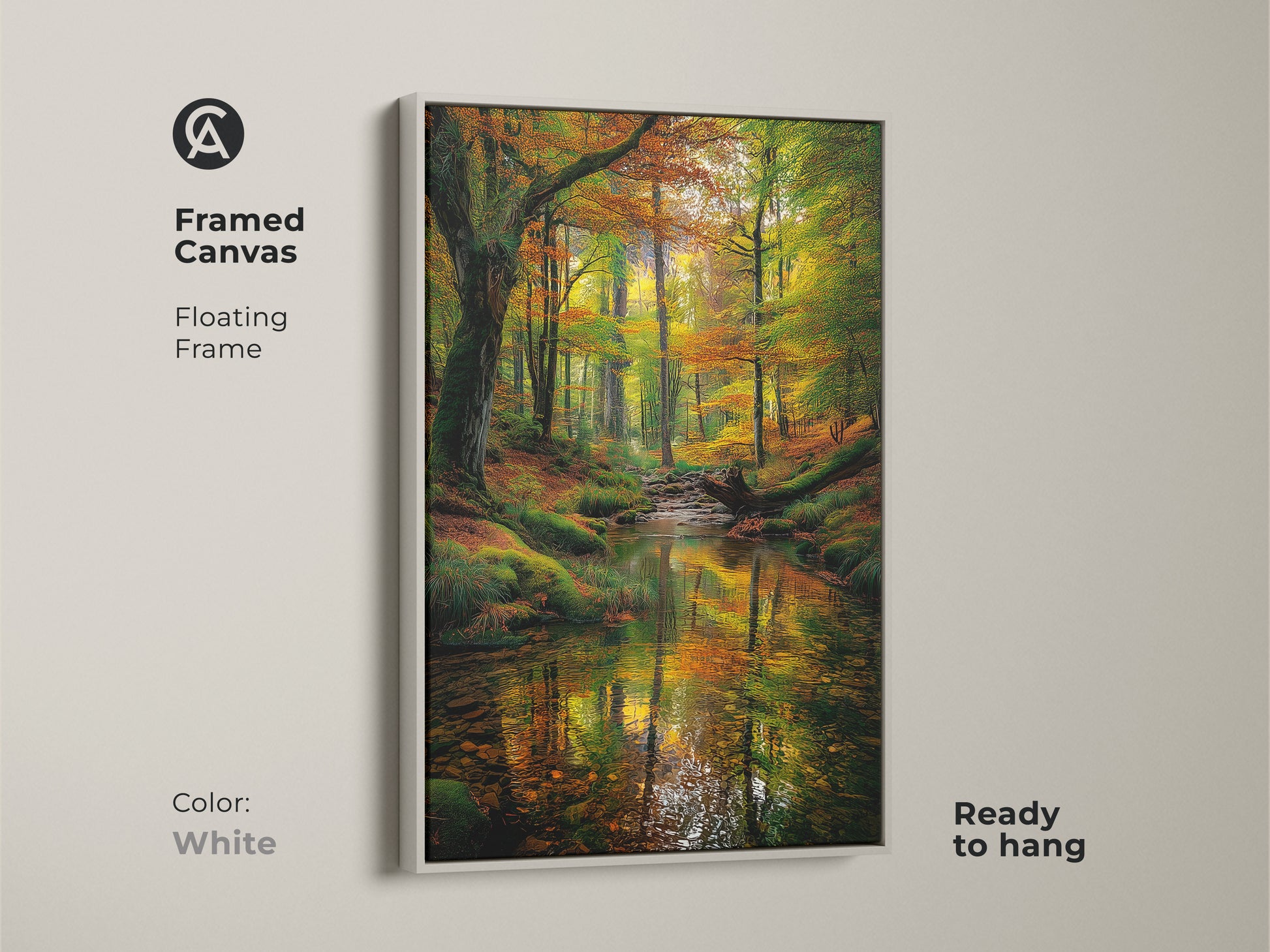 Framed canvas artwork capturing a vibrant forest stream landscape. The white floating frame offers a clean modern look. This ready-to-hang wall art brings the beauty of nature indoors. The fall foliage and tranquil water create a peaceful atmosphere. A perfect addition to any home.
