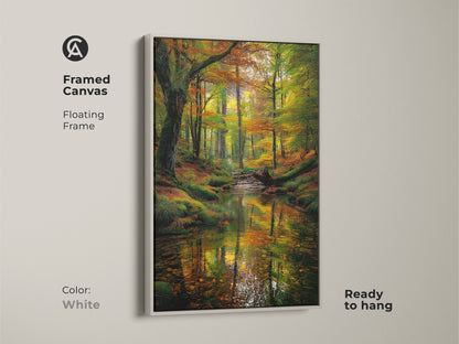 Framed canvas artwork capturing a vibrant forest stream landscape. The white floating frame offers a clean modern look. This ready-to-hang wall art brings the beauty of nature indoors. The fall foliage and tranquil water create a peaceful atmosphere. A perfect addition to any home.