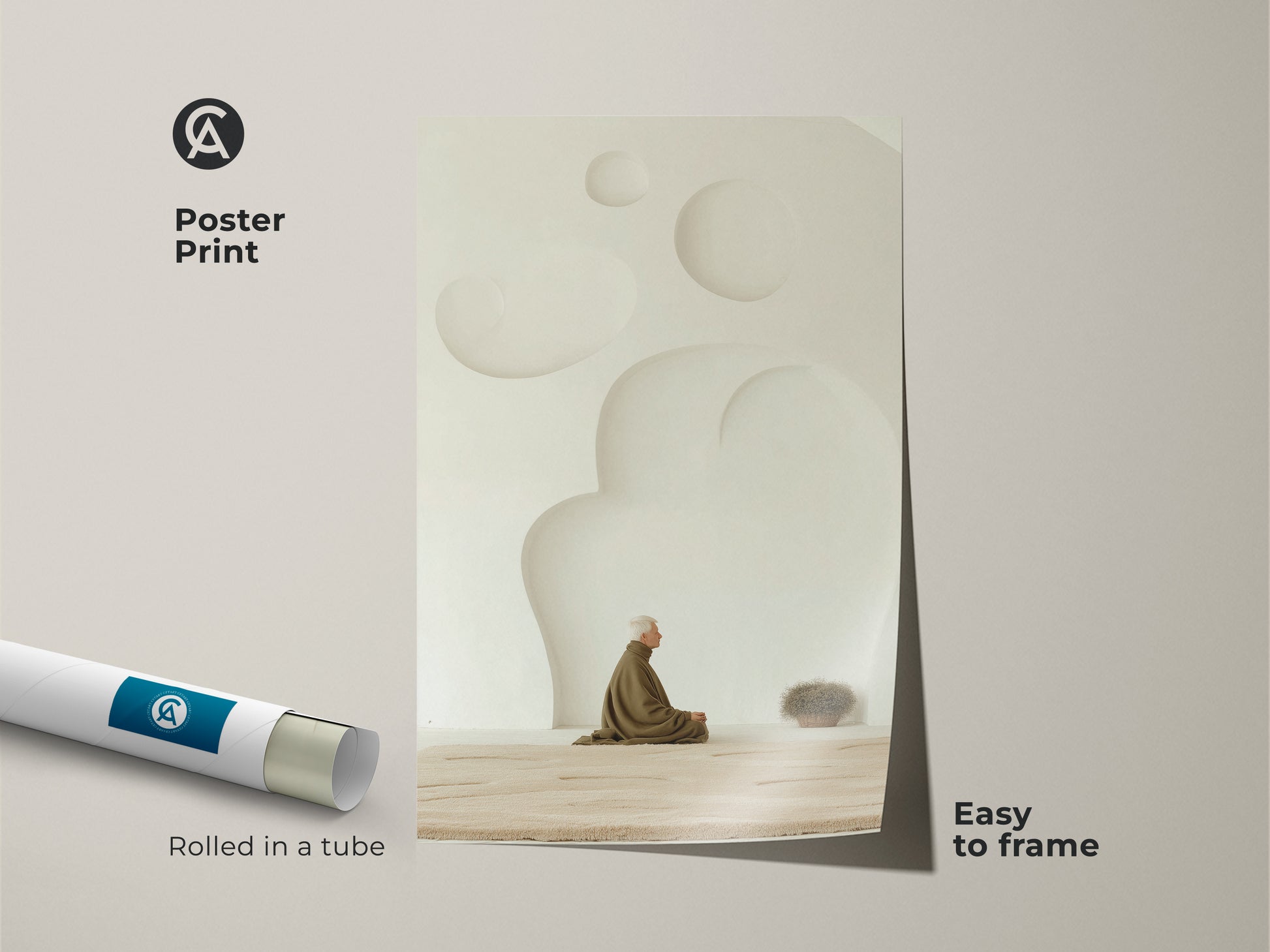 This poster print displays a Zen elderly man in meditation with minimalist cream tones. Easy to frame this abstract wall art is rolled in a tube for safe delivery. Enhance your home with this peaceful bedroom art. A housewarming present they'll cherish.