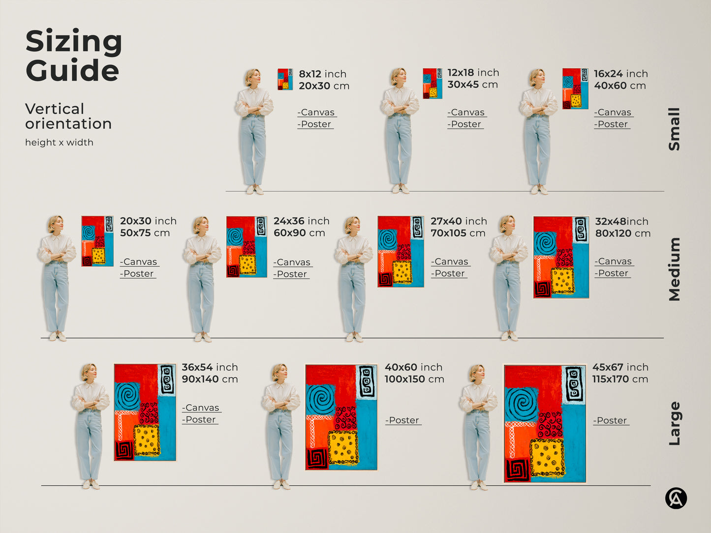 Visualize sizes for your geometric tribal spiral artwork. Our sizing guide shows the art in various dimensions with canvas and poster options. Ranging from small medium to large the print enhances any space. Discover the perfect fit for your eclectic modern wall decor project.