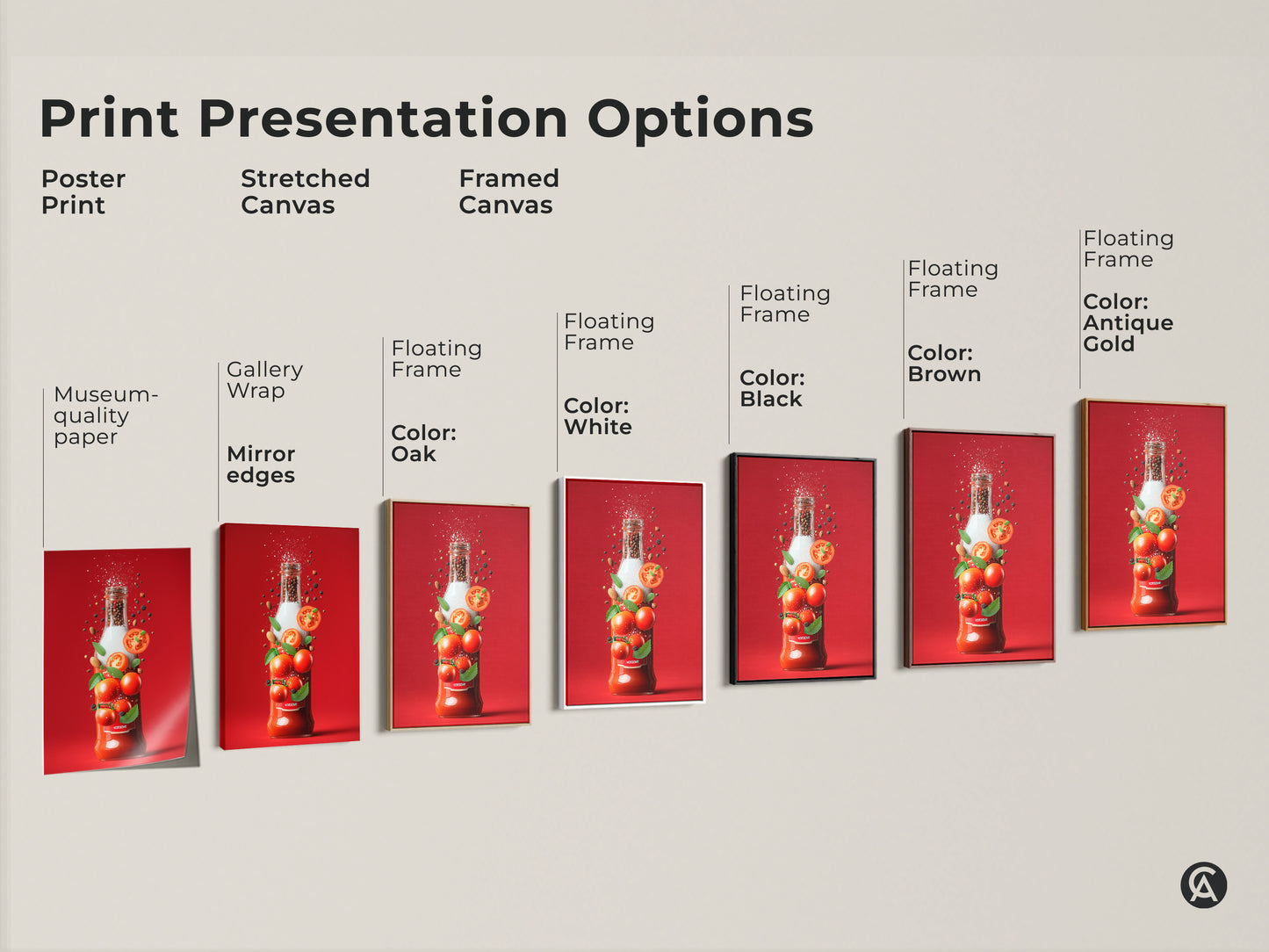 Print presentation options for tomato sauce bottle art. Options include poster print stretched canvas and framed canvas. Frames come in oak white black brown and antique gold.