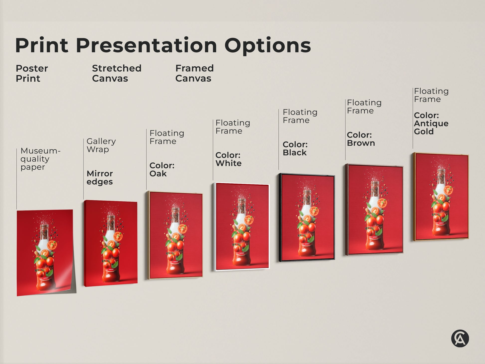 Print presentation options for tomato sauce bottle art. Options include poster print stretched canvas and framed canvas. Frames come in oak white black brown and antique gold.