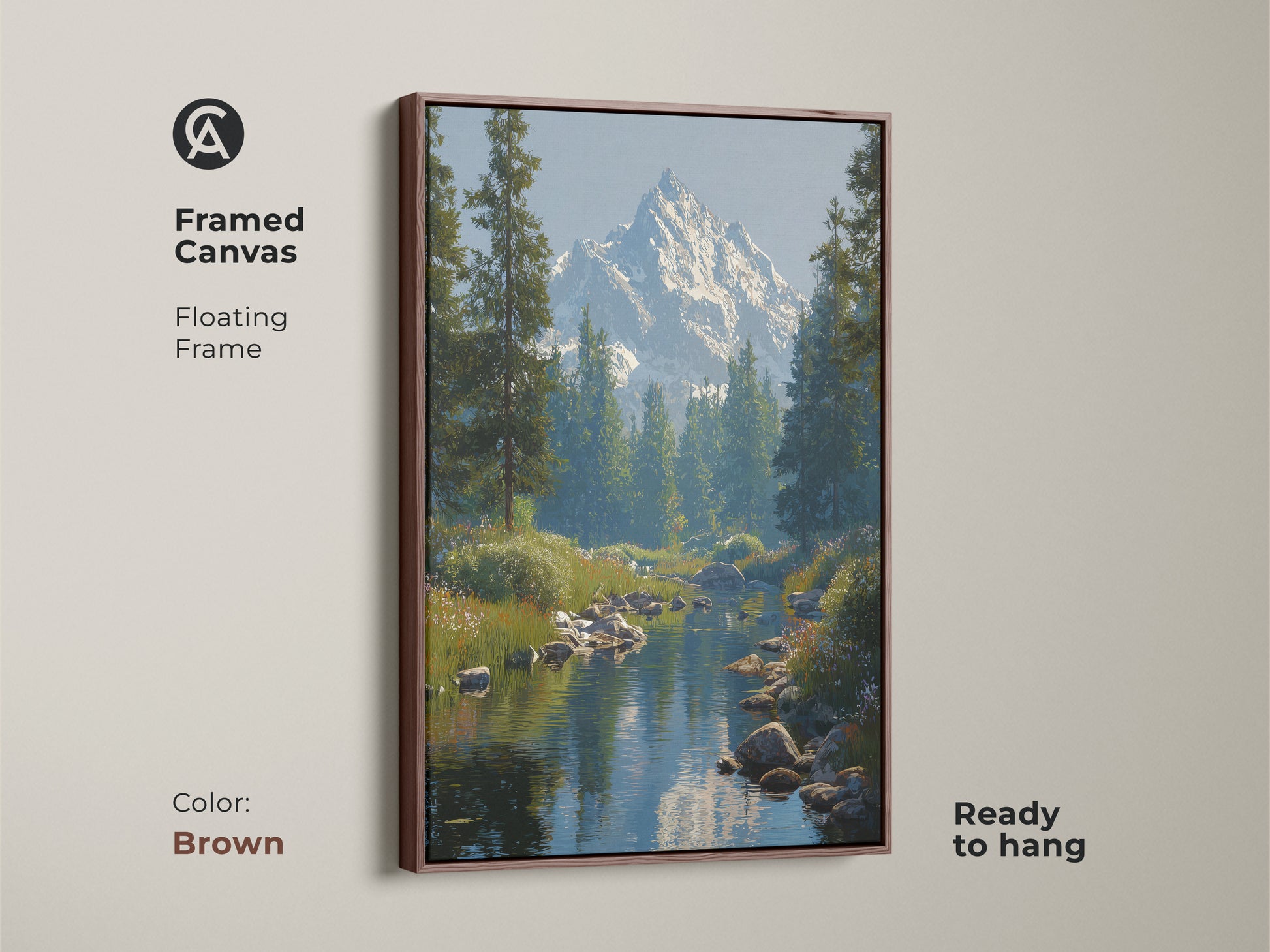Framed canvas print showcasing a picturesque mountain river. A snow-covered peak and evergreen forest create a serene scene. The brown floating frame complements the rustic nature theme. Ideal wall art for hikers and nature enthusiasts. Bring the outdoors in.