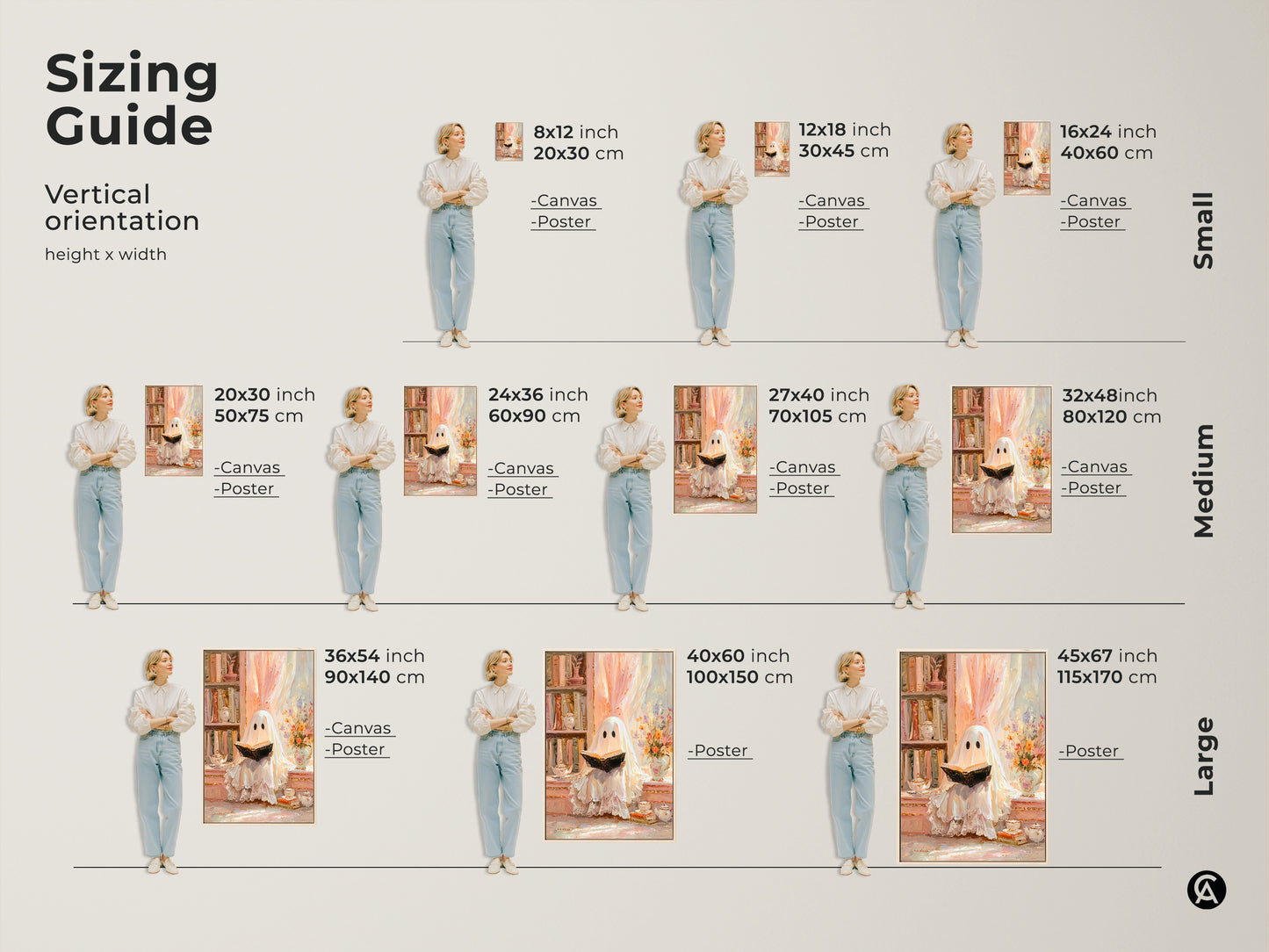 Sizing guide for the vertical ghost reading artwork. Available in small medium and large sizes for canvas and poster prints. Perfect for adding a touch of fantasy and whimsy to any room. This eclectic study decor is an ideal Halloween gift for bookworms. Choose the perfect size for your space.