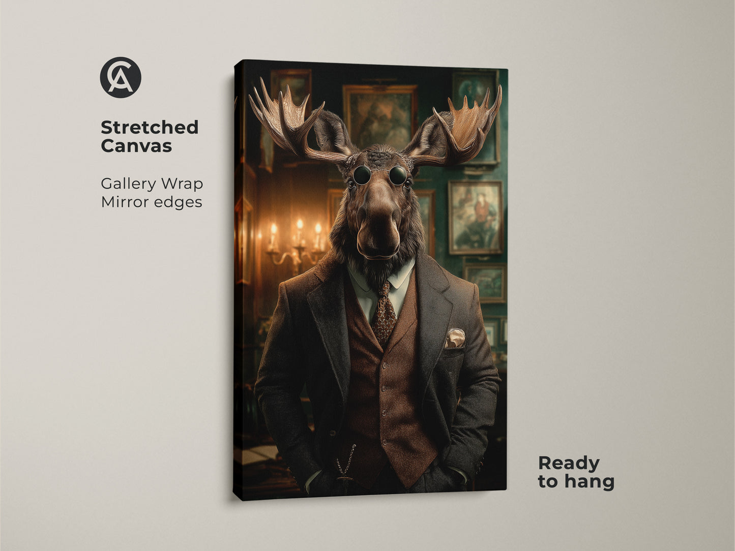 Steampunk moose canvas on a stretched canvas. This Victorian gentleman art is a gallery wrap with mirror edges. Ready to hang this dapper animal portrait will add to your eclectic office decor. A perfect animal lover gift print