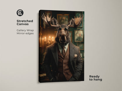 Steampunk moose canvas on a stretched canvas. This Victorian gentleman art is a gallery wrap with mirror edges. Ready to hang this dapper animal portrait will add to your eclectic office decor. A perfect animal lover gift print
