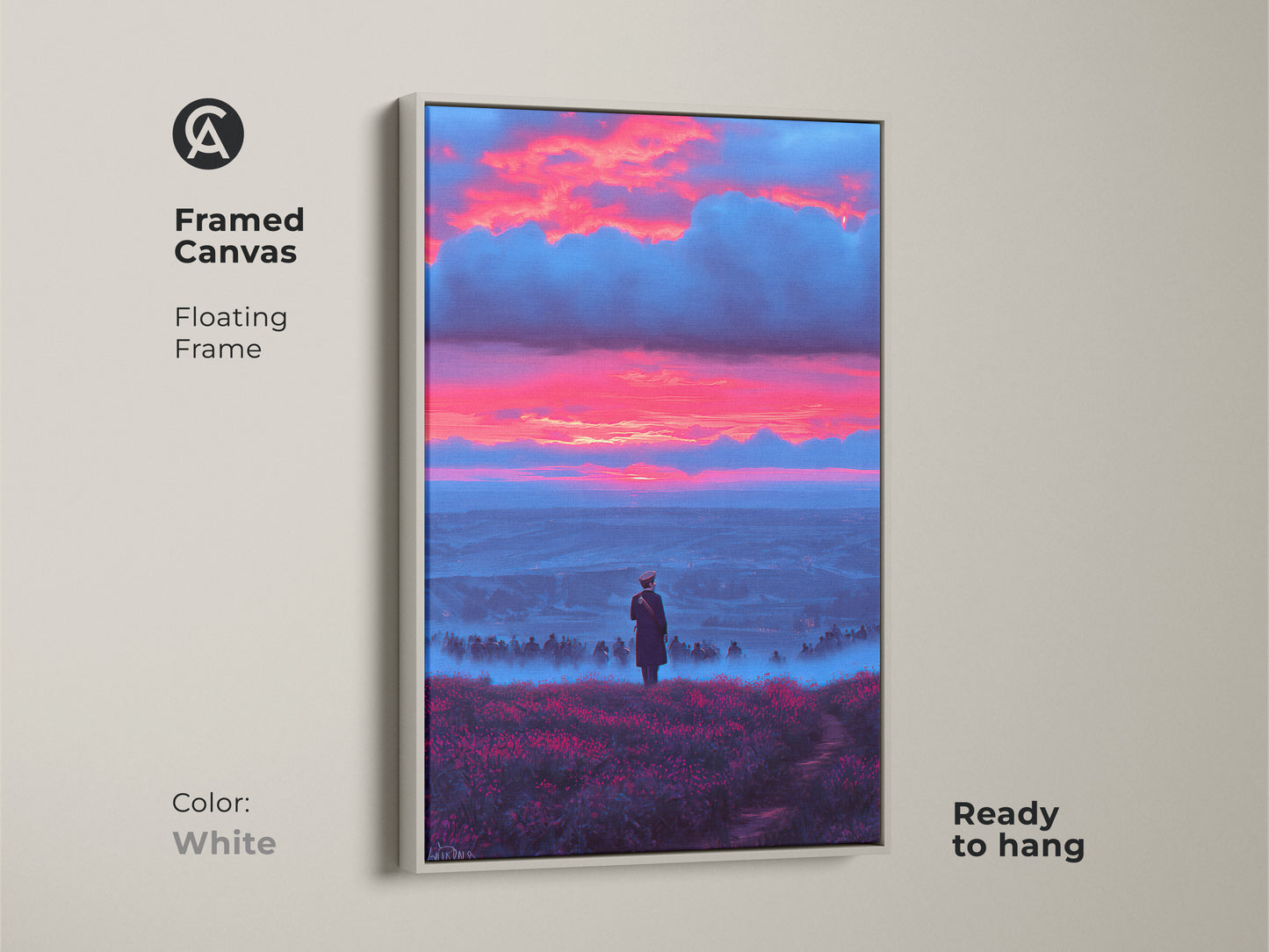 This framed canvas print displays a surreal landscape. A lone figure is overlooking a misty valley under a crimson and blue sunset sky. The white floating frame complements this eclectic home decor art. Ready to hang and brings an artistic touch to your walls.