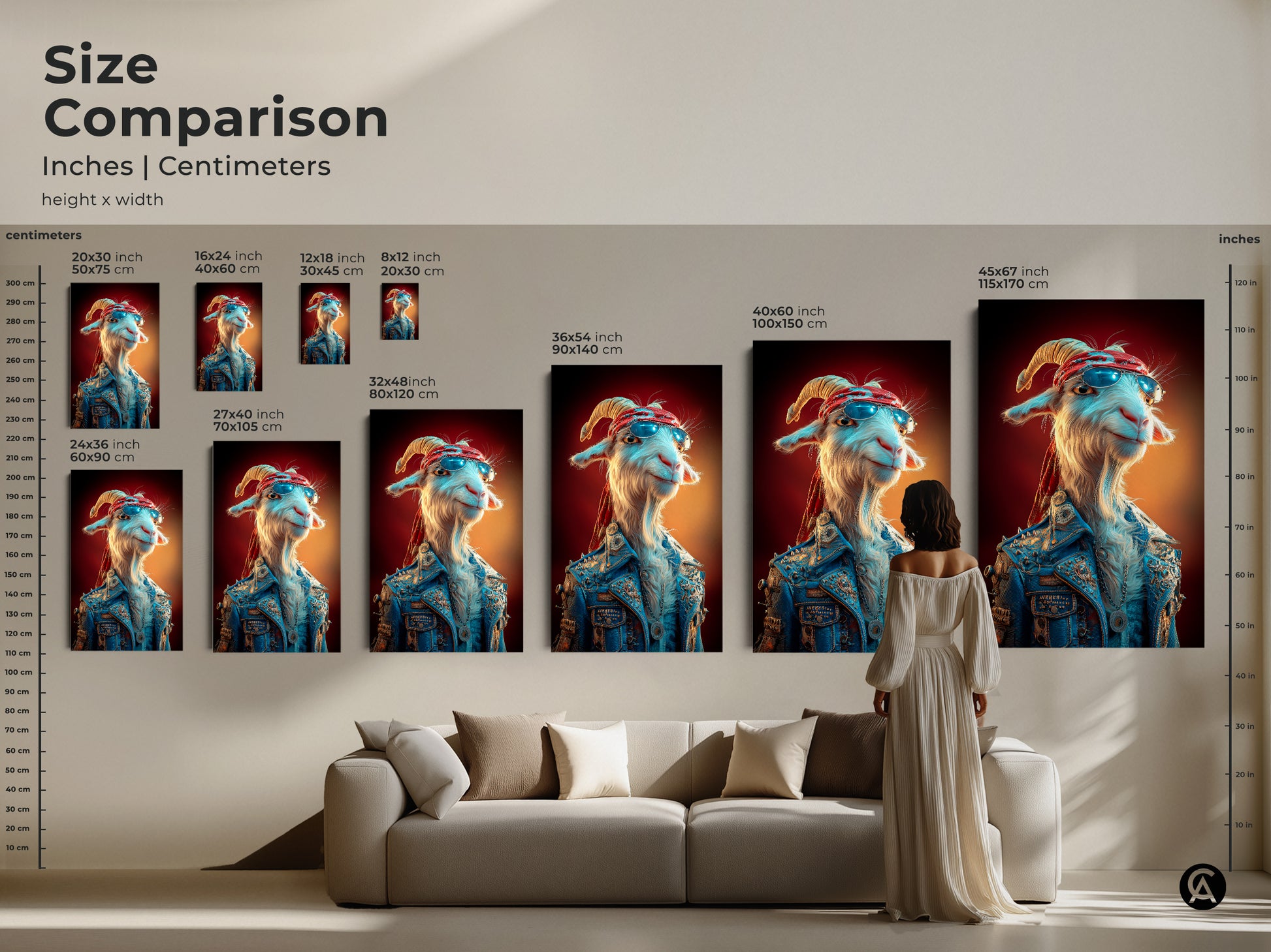 Size comparison of the goat rockstar canvas artwork. Visualize various sizes from small to large. See how the funny animal portrait fits above a sofa. Determine the perfect dimensions for your eclectic home decor with this unique and quirky animal print.