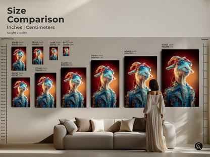 Size comparison of the goat rockstar canvas artwork. Visualize various sizes from small to large. See how the funny animal portrait fits above a sofa. Determine the perfect dimensions for your eclectic home decor with this unique and quirky animal print.