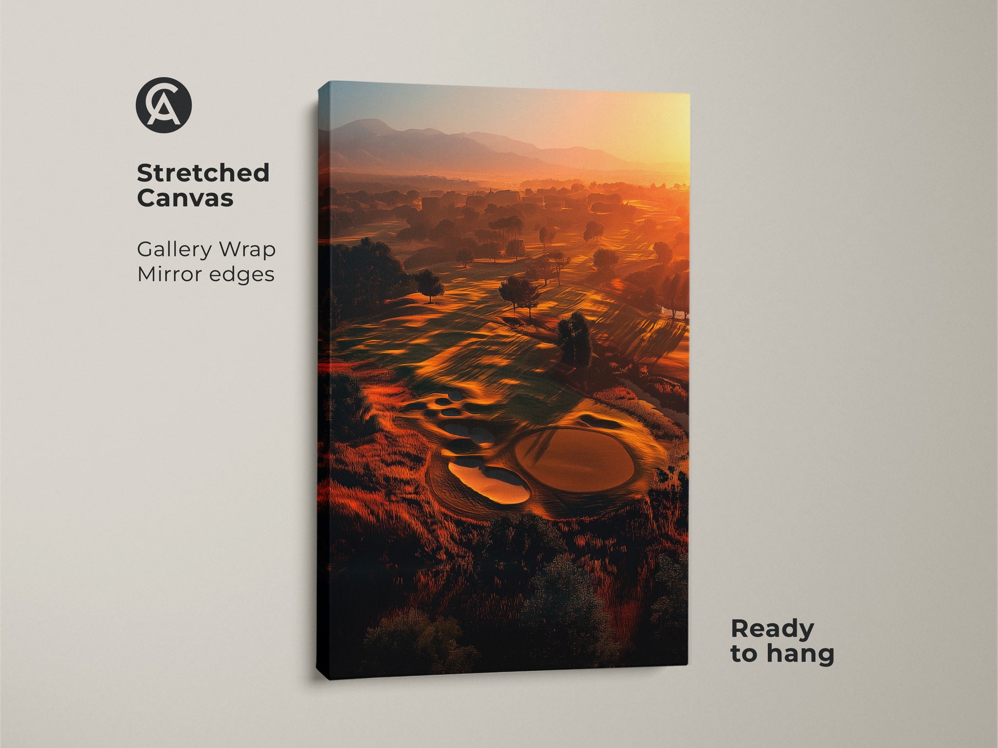 Elevate your space with this captivating stretched canvas art. A serene golf course is bathed in the warm glow of sunrise. The gallery wrap and mirror edges give a modern touch. Ready to hang this artwork will transform any room. A perfect blend of nature sport and contemporary style.