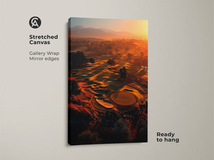 Elevate your space with this captivating stretched canvas art. A serene golf course is bathed in the warm glow of sunrise. The gallery wrap and mirror edges give a modern touch. Ready to hang this artwork will transform any room. A perfect blend of nature sport and contemporary style.