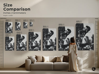 Size comparison of saxophone art prints. See the artwork in various sizes from 20x30cm to 45x67 inch. Visualize how the artwork will look in your living space. Perfect for canvas and poster options to match your decor.