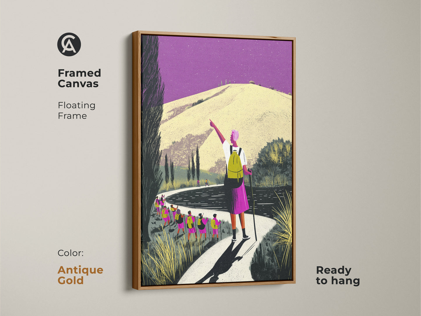 Framed canvas art with an antique gold frame displaying a vibrant hiking scene. This purple yellow artwork brings a folk art touch to your walls. A perfect travel scenic art print and housewarming gift for those who love nature art.