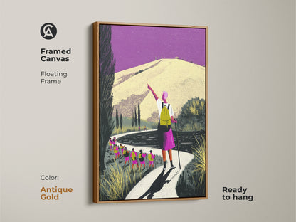 Framed canvas art with an antique gold frame displaying a vibrant hiking scene. This purple yellow artwork brings a folk art touch to your walls. A perfect travel scenic art print and housewarming gift for those who love nature art.