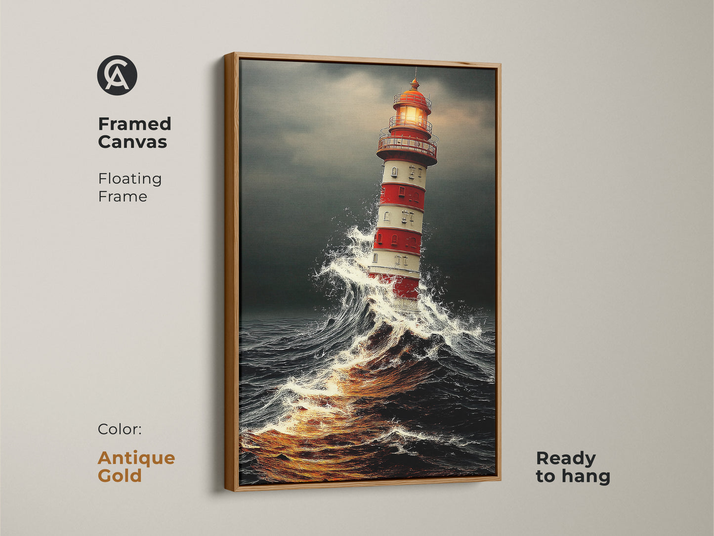Antique Gold framed canvas of Nautical Lighthouse artwork. This ocean waves seascape print embodies a maritime theme. Ready to hang this red lighthouse painting fits any room.