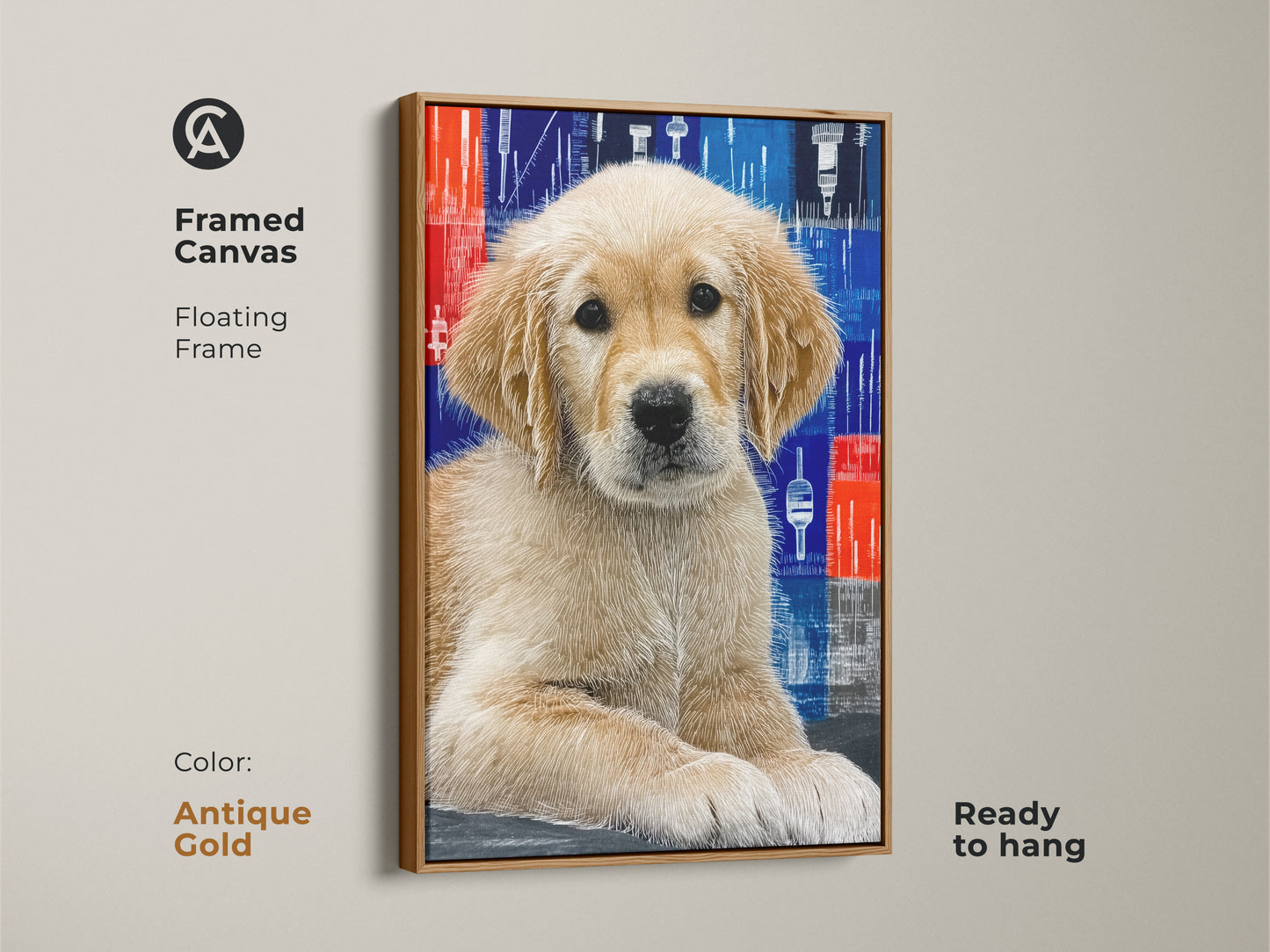 A framed canvas with a floating antique gold frame showcasing a Golden Retriever puppy in modern art. The abstract blue and red design highlights the puppy's adorable portrait. This ready to hang canvas art adds a touch of elegance making it an ideal birthday gift for a dog mom.