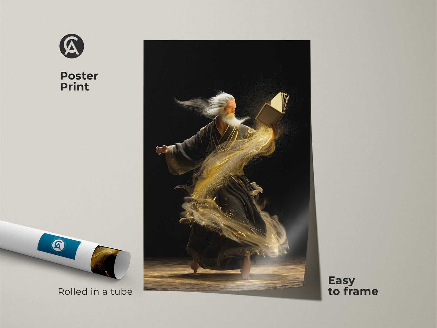 Poster print of an ancient sage with a book of magic. The wisdom mythology artwork is rolled in a tube. It is easy to frame and brings eclectic style to a study or literary office.
