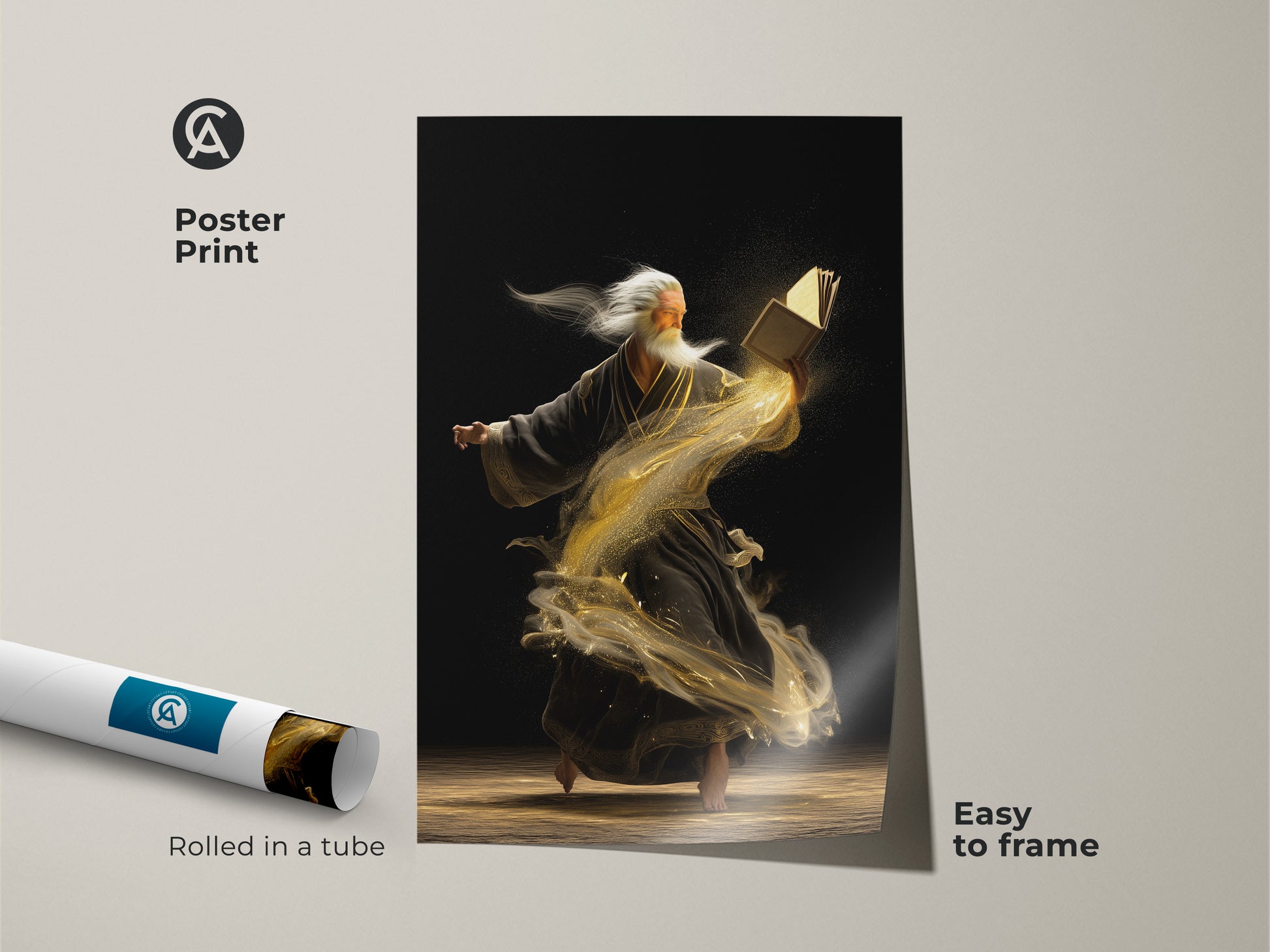 Poster print of an ancient sage with a book of magic. The wisdom mythology artwork is rolled in a tube. It is easy to frame and brings eclectic style to a study or literary office.