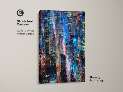 Elevate your home decor with this stunning stretched canvas art. This captivating gallery-wrapped artwork showcases a vibrant cityscape at night. The mirror edges add depth to the piece. The blue and red lights create a mesmerizing effect. Ready to hang and enjoy in your space.