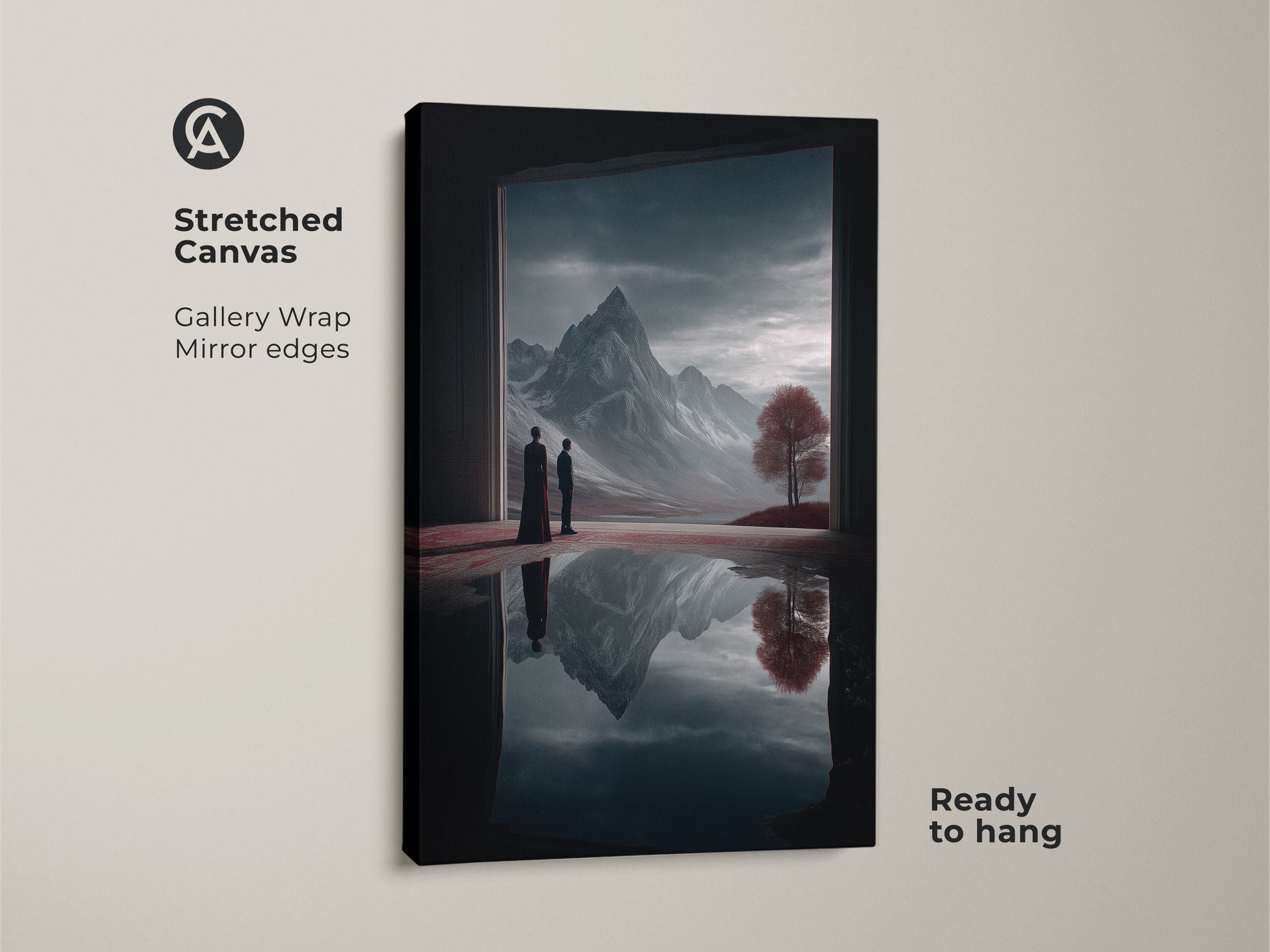Stretched canvas print of a surreal mountain landscape. Gallery-wrapped with mirrored edges this fantasy artwork is ready to hang. The art piece features two figures in a dreamlike setting with a deep blue and crimson color scheme.
