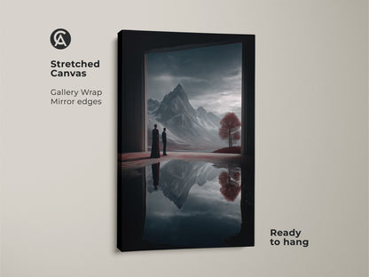 Stretched canvas print of a surreal mountain landscape. Gallery-wrapped with mirrored edges this fantasy artwork is ready to hang. The art piece features two figures in a dreamlike setting with a deep blue and crimson color scheme.