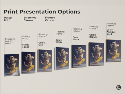 Presentation options for the skater tiger canvas. Choose poster print or stretched canvas. Framed canvas options in black brown oak white and antique gold are displayed. Get skater tiger art today.