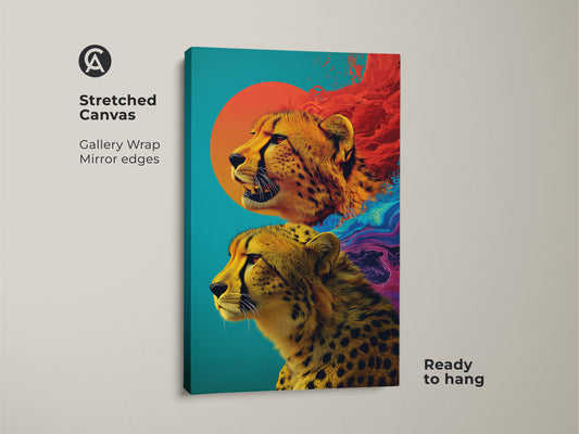 This is a cheetah abstract poster print featuring vibrant teal orange and sun art. This wildlife animal canvas print offers eclectic bedroom decor. Notice the dynamic red blue swirl artwork. Ideal for a modern home office. A thoughtful animal lover housewarming gift that's easy to frame and adds a contemporary touch.