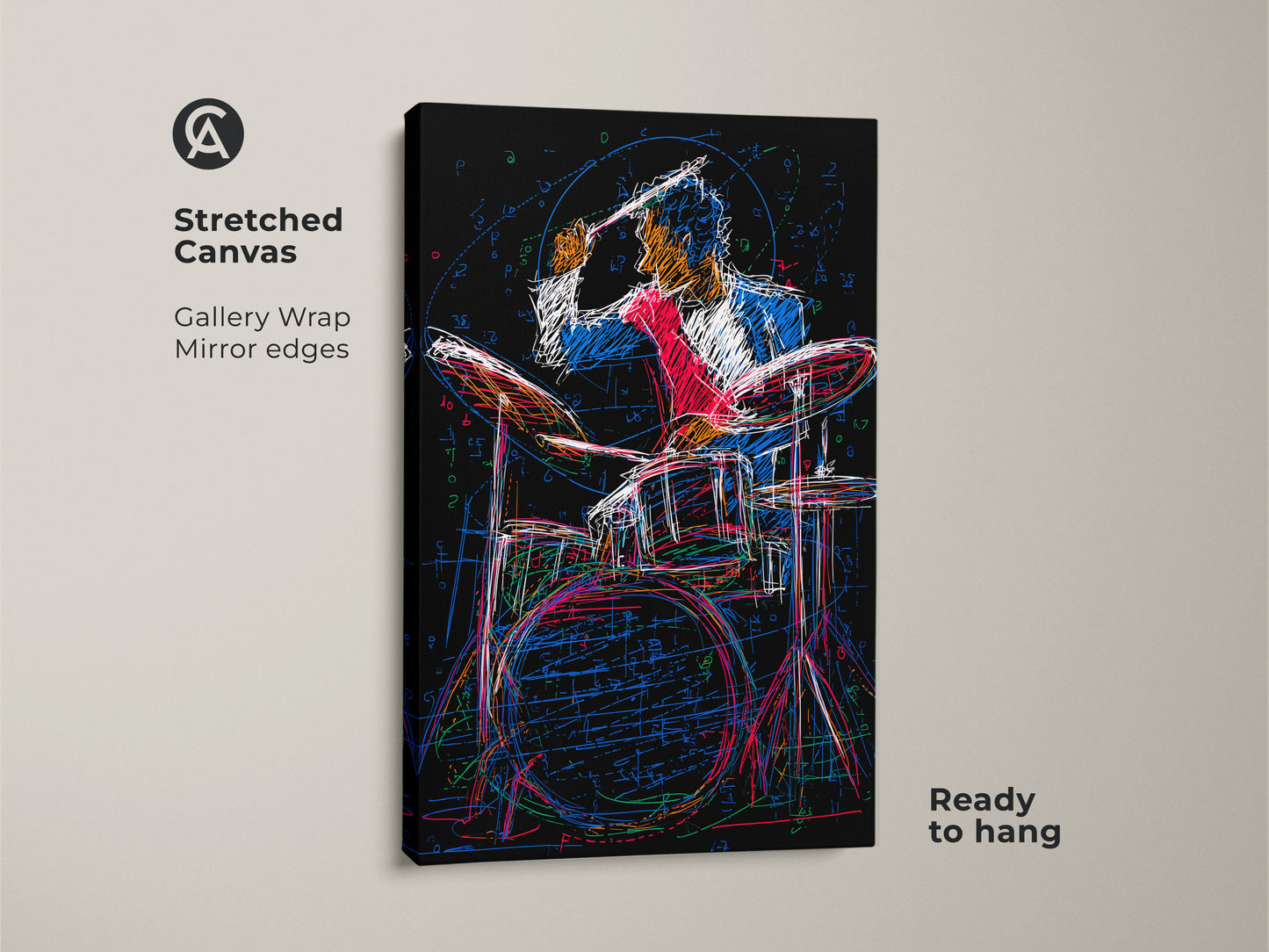 Stretched canvas print showing abstract drummer artwork with gallery wrap. The edges are mirrored and ready to hang. The drummer sketch uses bold red blue and black lines for an eclectic music room decor.