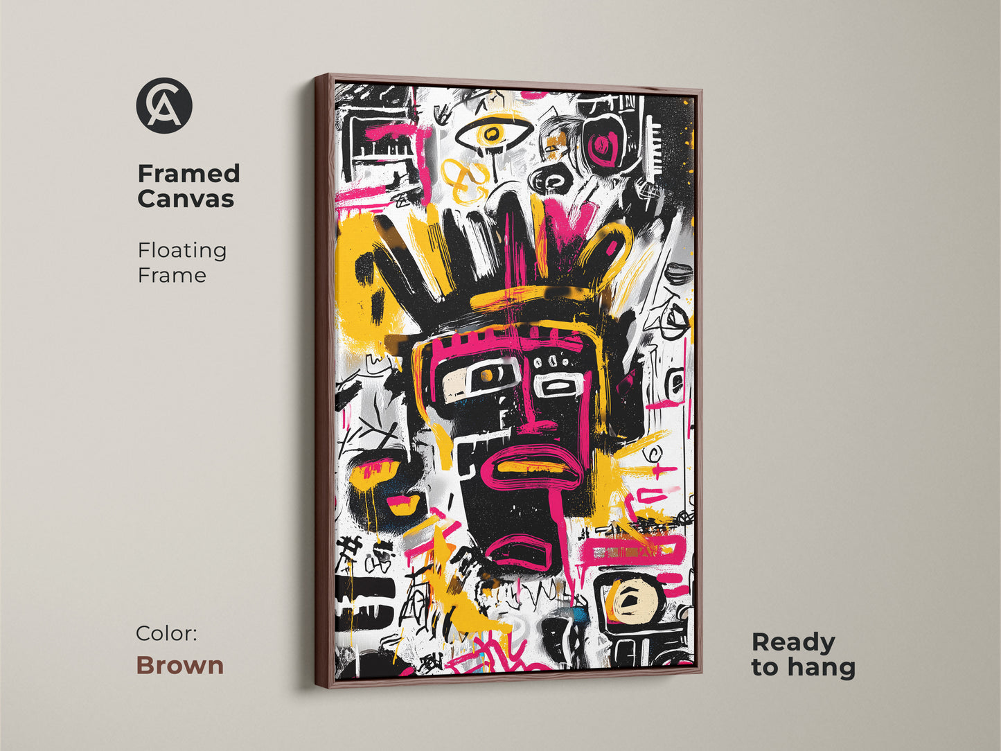 Framed canvas art featuring an abstract face artwork. A brown floating frame enhances the art. This modern artwork is ready to hang. The black face has pink details on a white background with colorful accents.