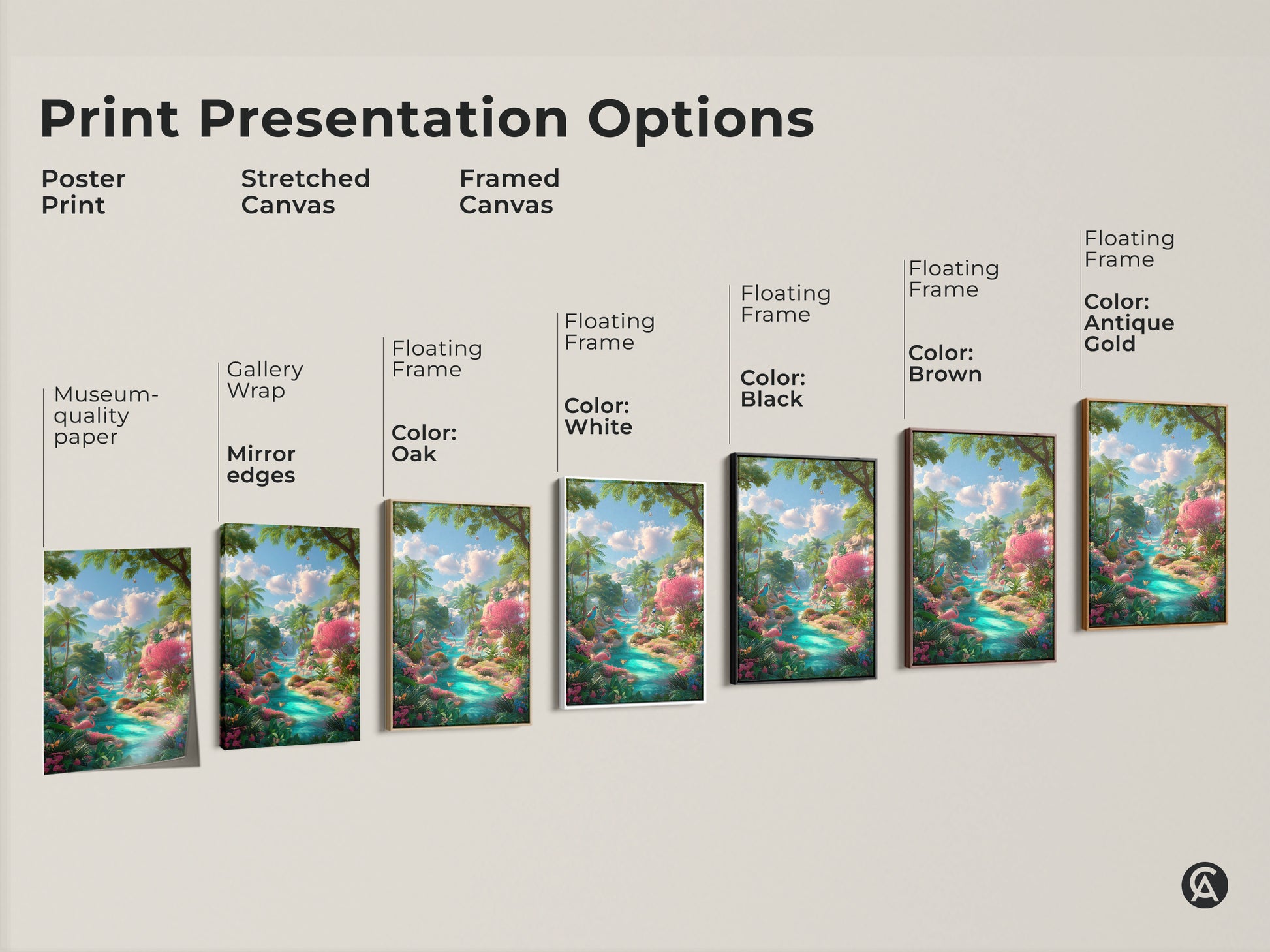 Explore presentation options for flamingo river artwork. Choose from poster prints stretched canvas or framed canvas. Customize with colors like oak white black brown and antique gold to match your style.