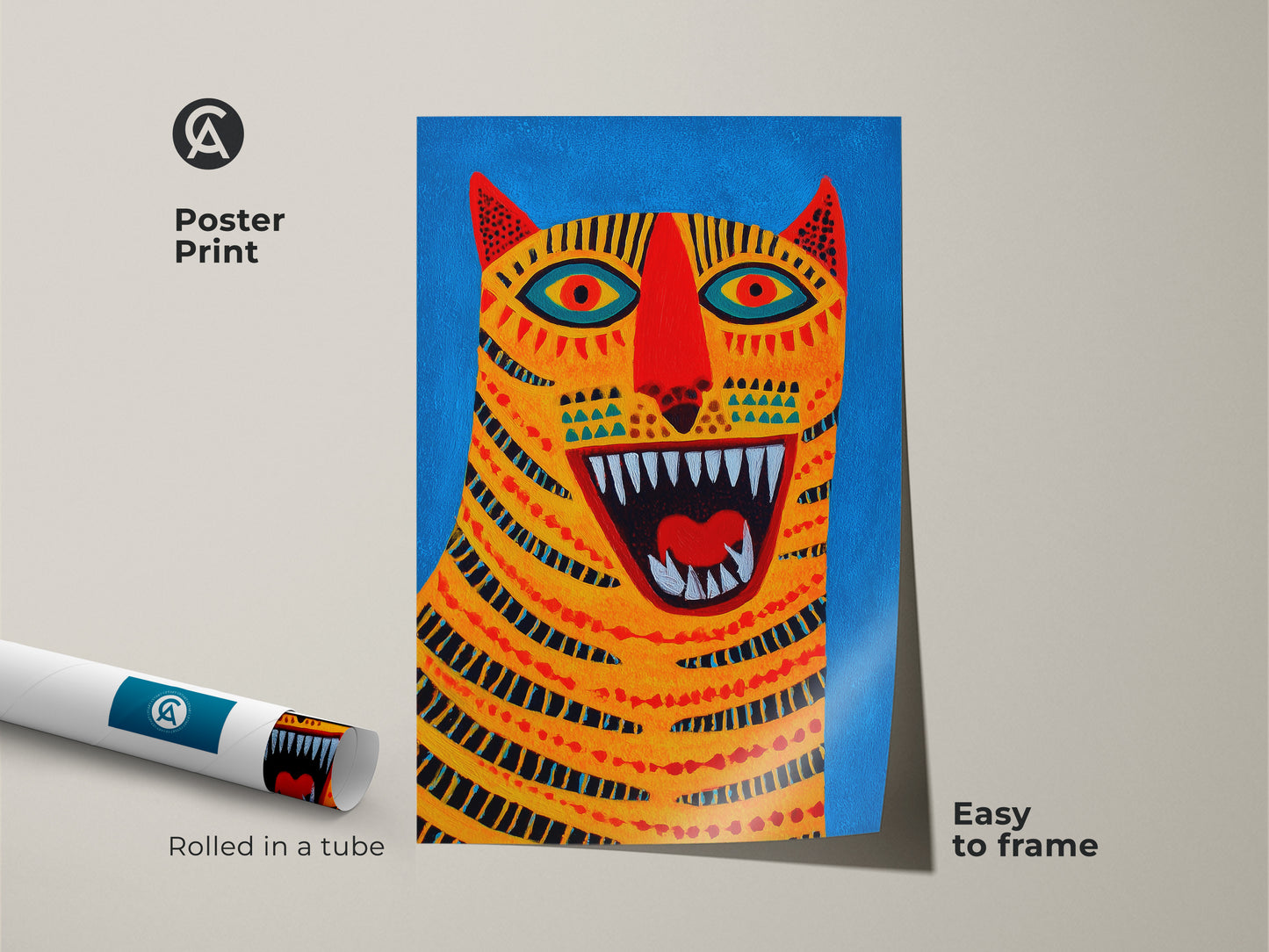 Poster Print Abstract Tiger Face Art. The museum-quality paper colorful animal canvas print is easy to frame. This blue orange yellow wall art is rolled in a tube. It brings a bold yet whimsical energy to any bedroom or living space. Its perfect for animal lovers.