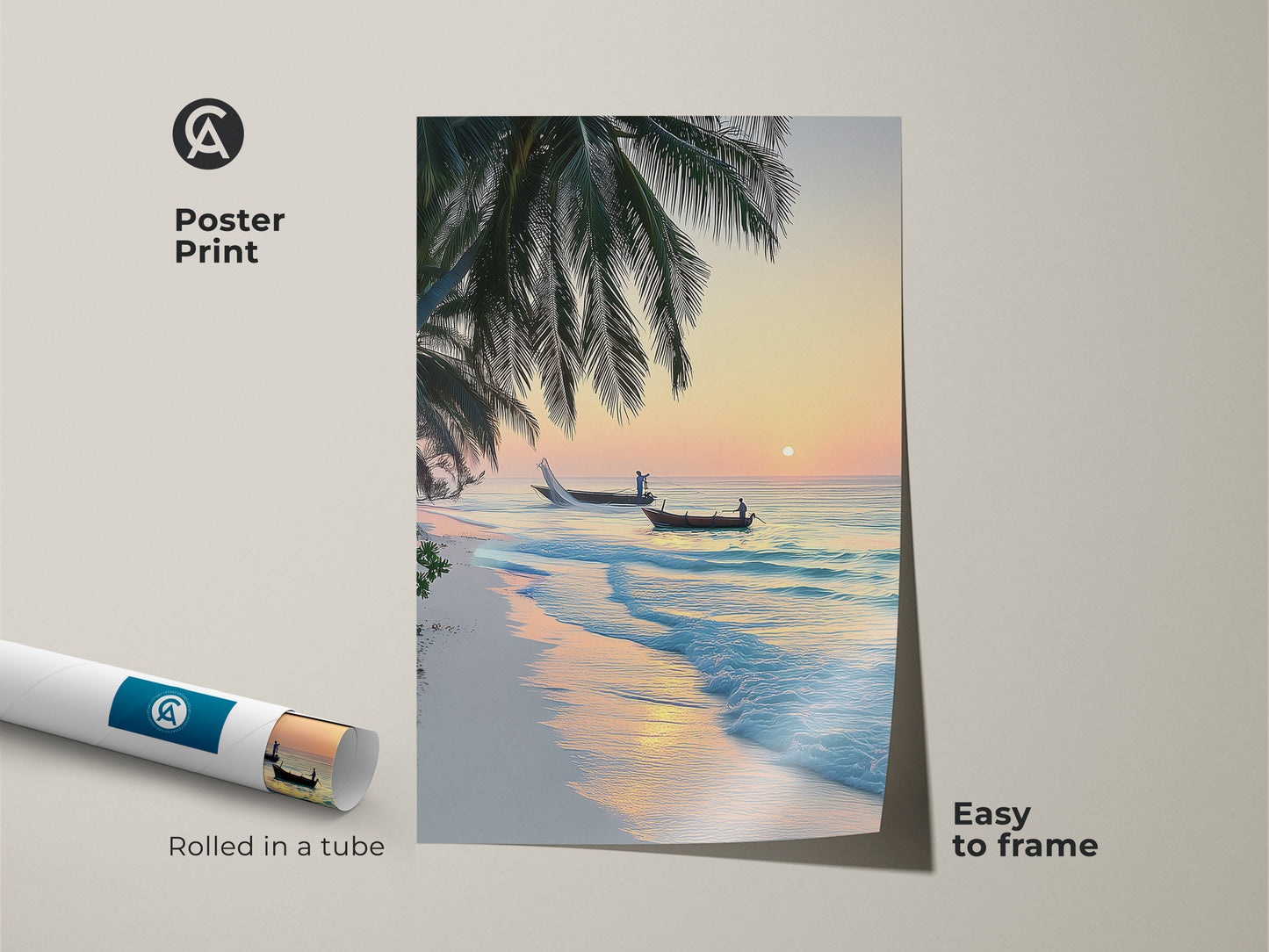 Poster print of a tropical beach sunrise scene. The artwork features palm trees two fishing boats and a calm ocean. Easy to frame this print brings a coastal vibe to any space.
