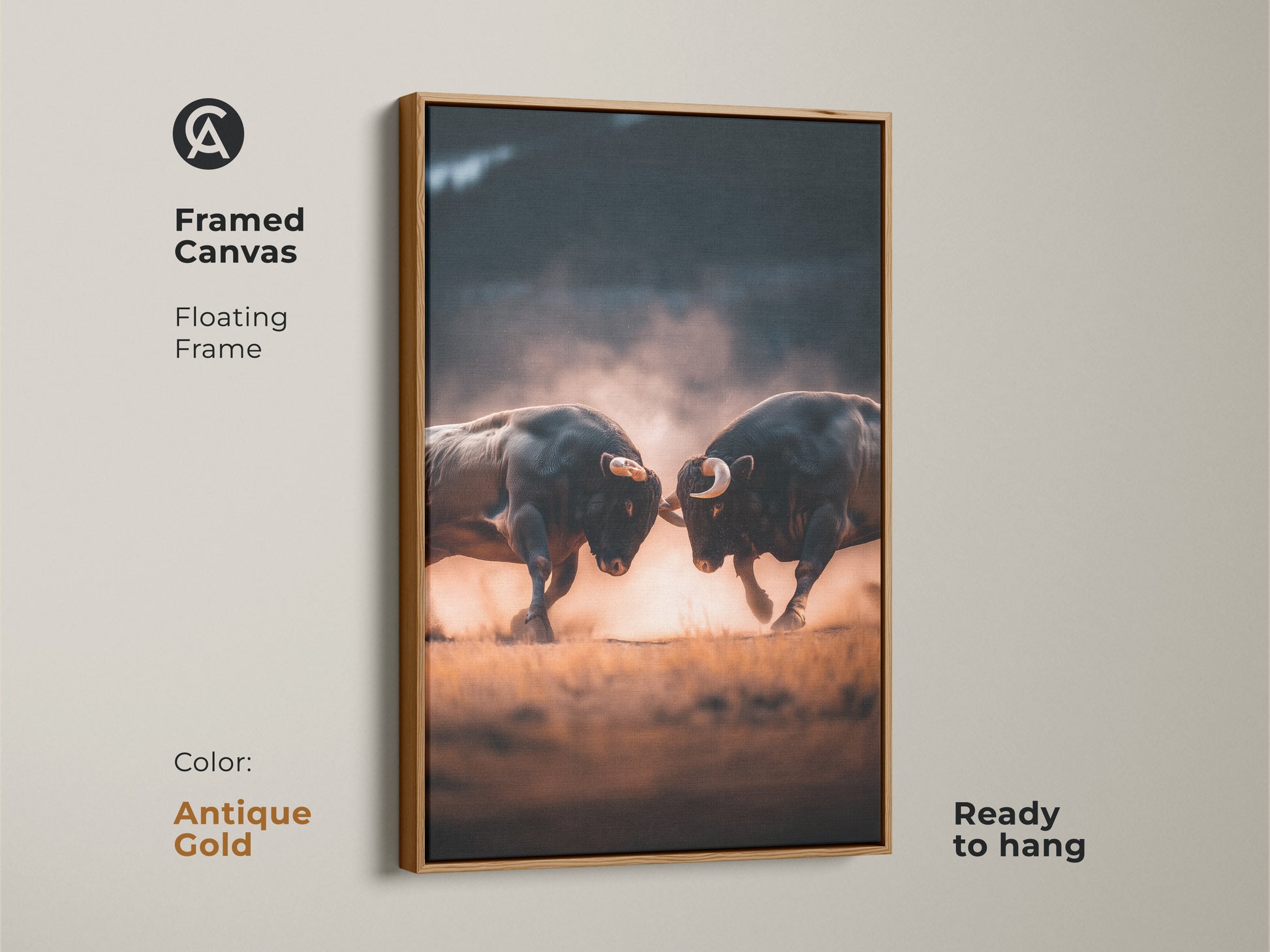 Antique gold framed canvas art showcasing two bulls in combat. The floating frame enhances the artwork's appeal. This piece arrives ready to hang. This artwork is perfect for adding a touch of drama. Find framed artwork.
